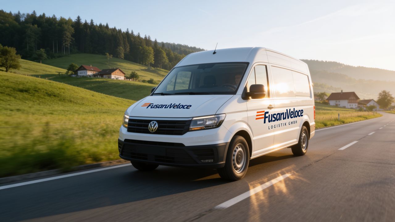 Camionnette blanche aux couleurs de FusaruVeloce sur une route de campagne vallonnée